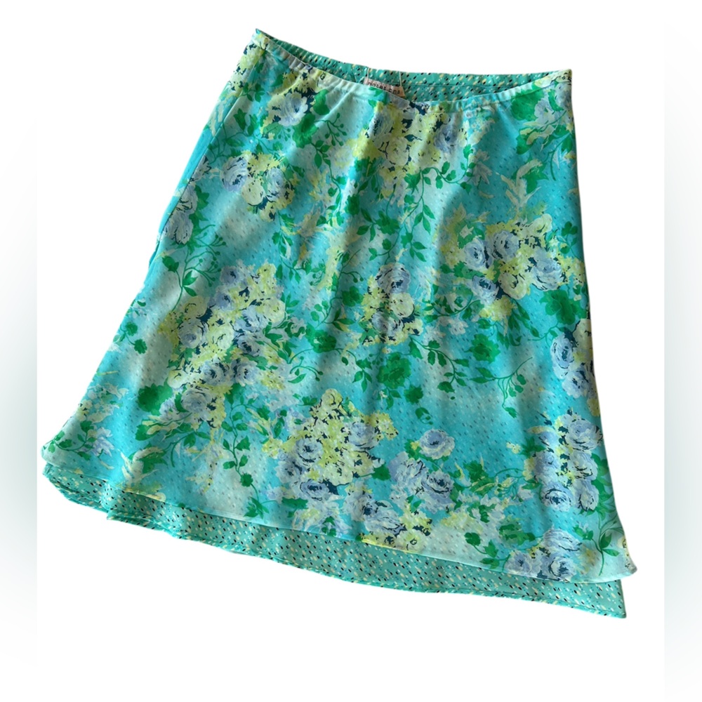 Vintage 90s Notations Reversible Teal A-Line Skirt Floral Turquoise - Picture 3 of 4